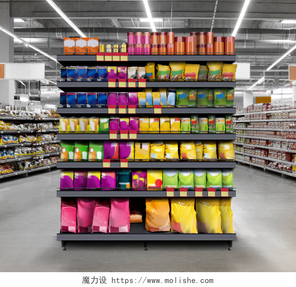 超市里的展示柜子超级市场架子上的宠物食品适于展示新的平面图和新的设计包装等